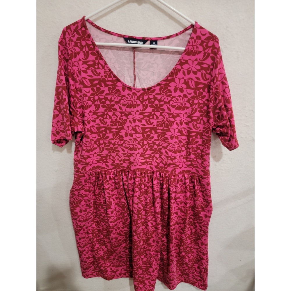 Lands' End Pink Tropical Floral Empire Waist Knit Dress Pockets 1X 16W-18W